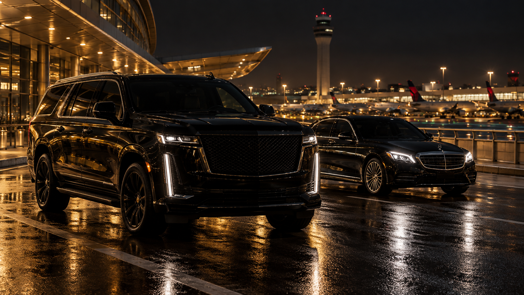 Black executive vehicles staged at Atlanta airport at night