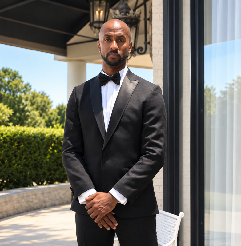 Personal chauffeur in formal black suit waiting outside a private entrance